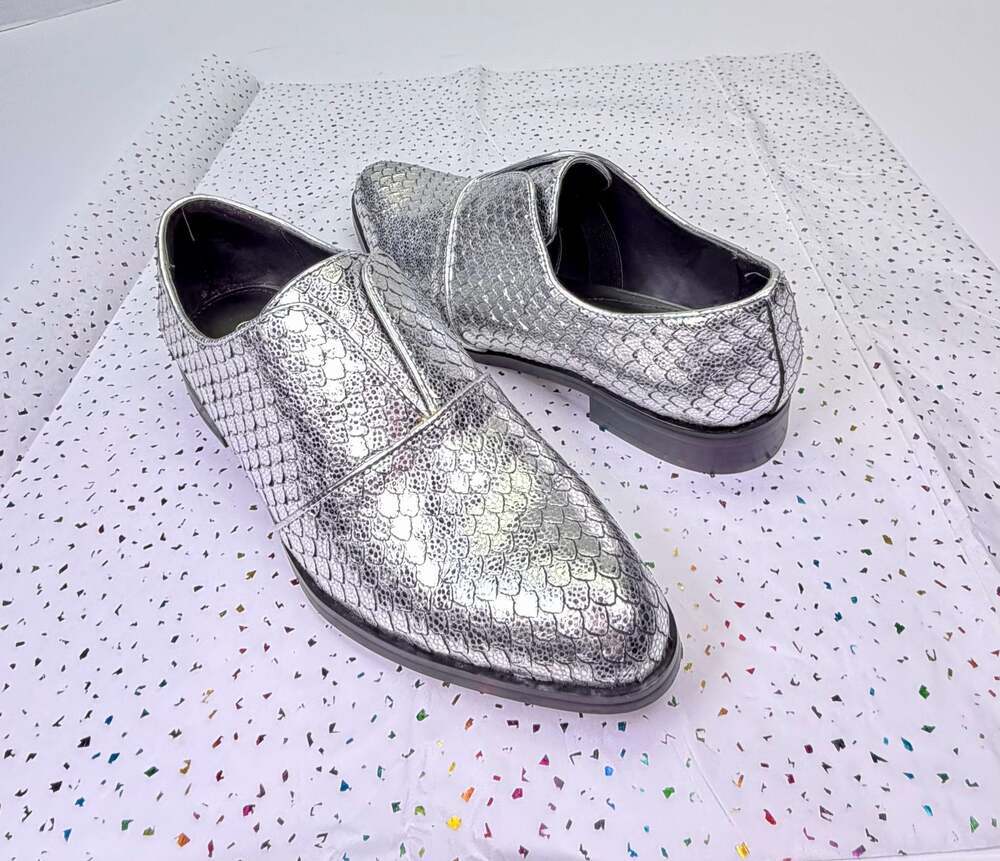 Isola Silver Metallic Snakeskin Embossed Pointed Toe Loafers 7.5